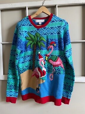Holiday Flamingo Crewneck Sweater - Blue/Green with Pink Accents